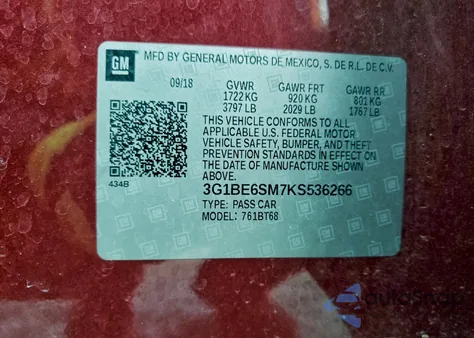 2019 Chevrolet Cruze Lt z USA, uszkodzony, nr VIN 3G1BE6SM7KS536266